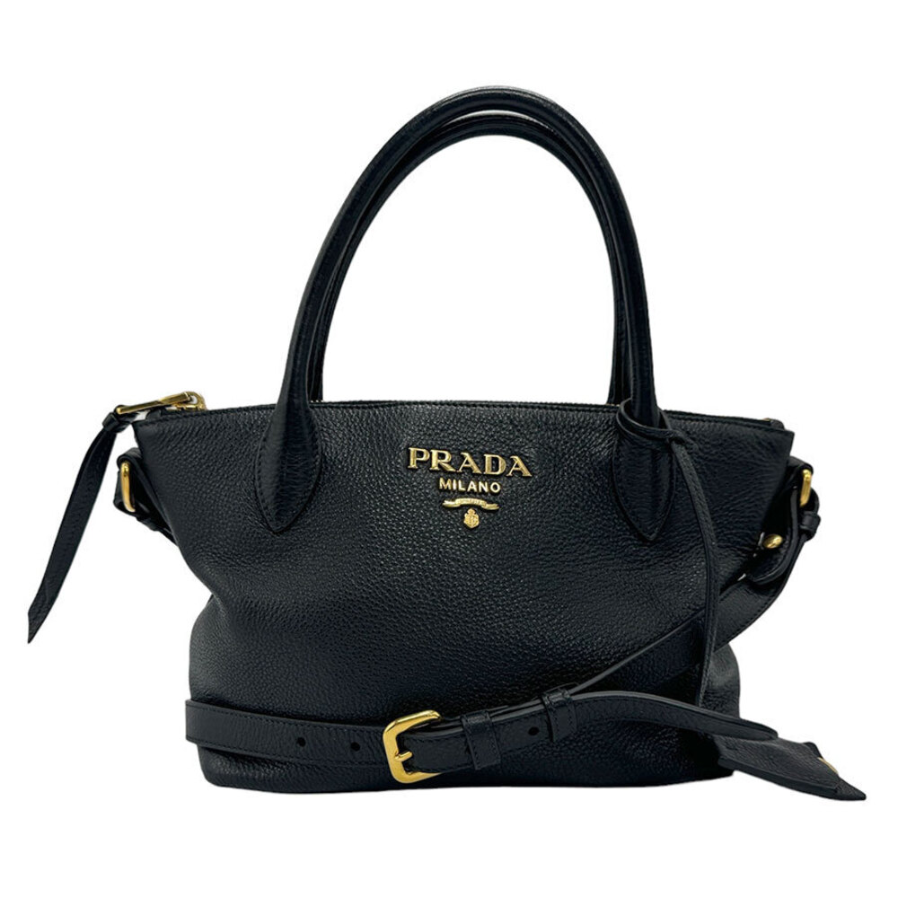 Prada Black Vitello Shine Leather Tote Shoulder Bag Black